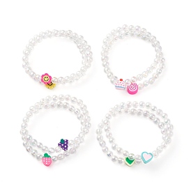 Transparent Acrylic Beaded Stretch Kids Bracelets, with Polymer Clay Beads, Heart & Flower & Cake & Strawberry