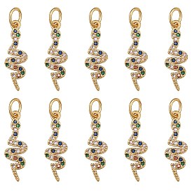 10Pcs Brass Micro Pave Cubic Zirconia Pendants, with Jump Rings, Long-Lasting Plated, Snake, Colorful