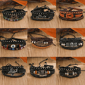 3Pcs 3 Style Alloy Link Bracelets Set with Coconut Beaded, Retro Hip-Hop Leather Cords Adjustable Bracelets