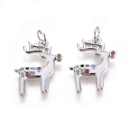 Micro latón allanan colgantes cúbicos del zirconia, con esmalte y anillo de salto, reno de navidad / ciervo, blanco