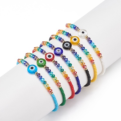 7Pcs 7 Colors Lampwork Evil Eye & Glass Beaded Bracelets Set, Braided Adjustable Bracelets for Women