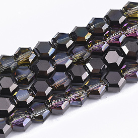 Electroplate Glass Beads Strands, Half Plated, Faceted, Hexagon