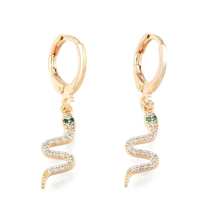 Green Cubic Zirconia Snake Dangle Leverback Earrings, Brass Jewelry for Women, Cadmium Free & Nickel Free & Lead Free