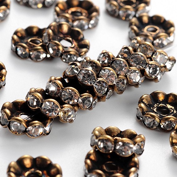 Rack Plating Brass Beads, with A Rhinestone, Wave Side, Cadmium Free & Lead Free