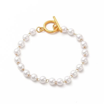 Plastic Imitation Pearl Beaded Bracelets, Ion Plating(IP) 304 Stainless Steel Jewelry for Women