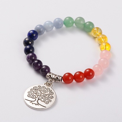 Natural Gemstone Stretch Charm Bracelets, with Tibetan Style Tree of Life Pendant, Antique Silver, 55mm