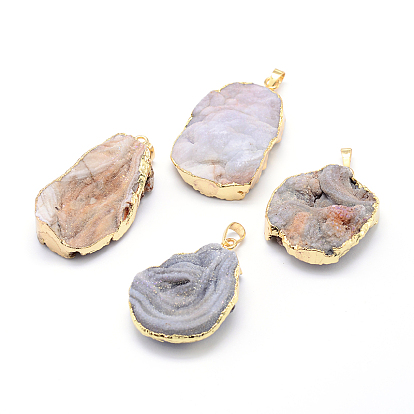 Natural Druzy Agate Nuggets Pendants, with Golden Plated Brass Finding, 40~50x25~32x8~17mm, Hole: 8x5mm