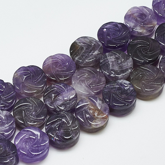 Carved Natural Amethyst Beads Strands, Flat Round with Rose