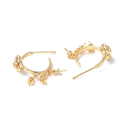 Brass Clear Cubic Zirconia Stud Earring Findings, with Three Cup Peg Bails and 925 Sterling Silver Pins, Half Ring with Flower