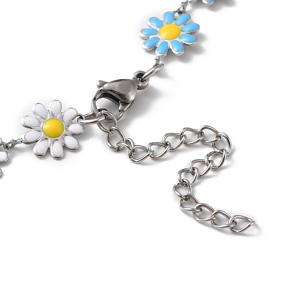 Enamel Daisy Link Chain Necklace, 304 Stainless Steel Jewelry for Women, Stainless Steel Color