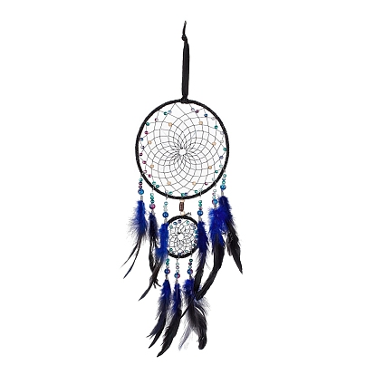 Toile/filet tissé en fer avec des décorations de pendentifs en plumes, avec des perles en plastique et en bois, recouvert de cuir et cordon de bande de velours, plat rond