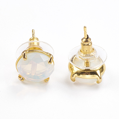 Gemstone Stud Earrings, with Golden Tone Brass Findings, Faceted Flat Round