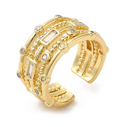 Rack Plating Real 18K Gold Plated Brass Rectangle Open Cuff Rings, with Cubic Zirconia, Long-Lasting Plated, Lead Free & Cadmium Free
