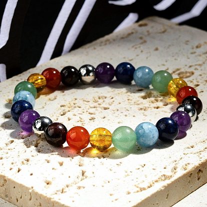 Chakra Gemstone Beaded Stretch Bracelets, with Rondelle 304 Stainless Steel Spacer Beads