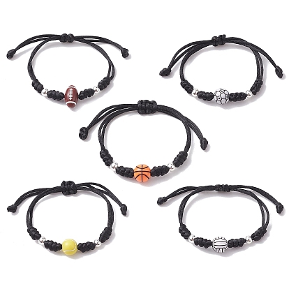 Adjustable Nylon Thread Braided Bead Bracelets Sets, with Acrylic & Alloy Beads, Sports Balls