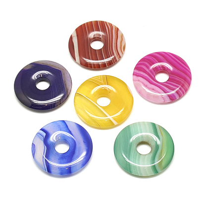 Natural Striped Agate/Banded Agate Pendants, Dyed, Donut/Pi Disc