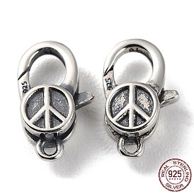 925 Thailand Sterling Silver Lobster Claw Clasps, Peace Sign, with 925 Stamp