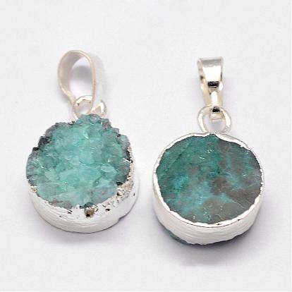 Electroplated Natural & Dyed Druzy Agate Pendants, with Brass Findings, Flat Round