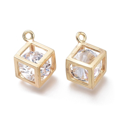Hollow Brass Micro Clear Cubic Zirconia Charms, Faceted, Long-Lasting Plated, Cube