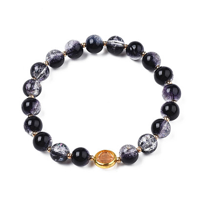 Round Glass Beaded Stretch Bracelet with Gold Plated Brass Ring for Women