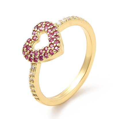 Rack Plating Brass Micro Pave Camellia & Crystal Cubic Zirconia Heart Rings, Cadmium Free & Lead Free, Long-Lasting Plated