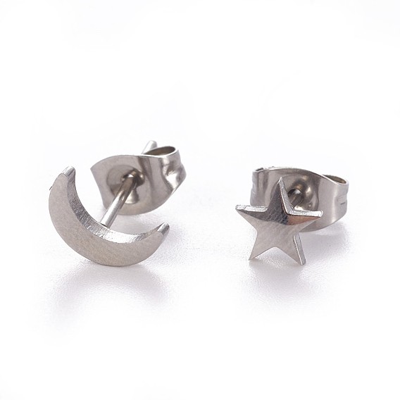 304 Stainless Steel Stud Earrings, Hypoallergenic Earrings, with Ear Nuts/Earring Back, Moon & Star