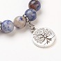 Natural Gemstone Bead Charm Bracelets, with Alloy Findings, Flat Round with Tree