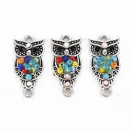 Alloy Links Connectors, with Glass Seed Beads and Rhinestone, Antique Silver, Owl