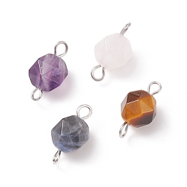 Faceted Natural Mixed Stone Connector Charms, with Platinum Tone 304 Stainless Steel Double Loops, Star Cut Round