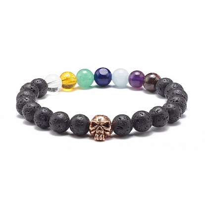 Natural Lava Rock Stretch Bracelet for Women Men, 7 Chakras Natural Stone Yoga Bracelet, Skull Bracelet