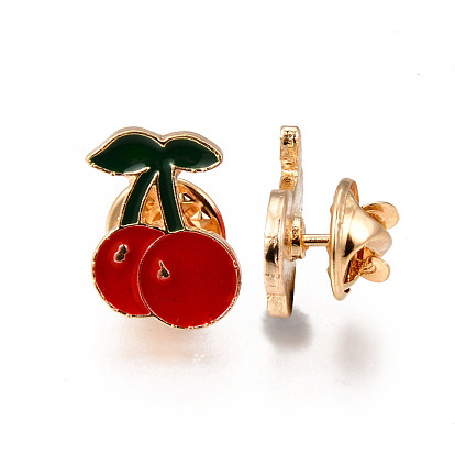 Alloy Enamel Brooches, Enamel Pin, with Brass Butterfly Clutches, Cherry, Light Gold, Cadmium Free & Nickel Free & Lead Free