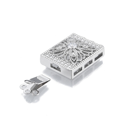 Brass Pave Clear Cubic Zirconia Box Clasps, Multi-Strand Clasps, 3-Strands, 6 Holes, Rectangle