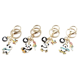 Alloy Enamel Pendants Keychain, with Alloy Key Rings & Lobster Claw Clasps, Panda & Flat Round with Heart & Word