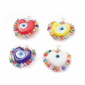Handmade Evil Eye Lampwork Pendants, with Electroplate Glass Beads, Light Gold, Heart