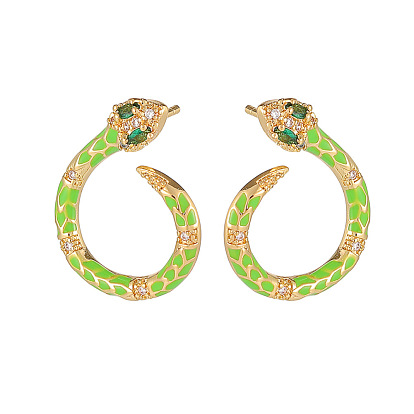 Cubic Zirconia Snake Stud Earrings with Enamel, Golden Plated Brass Jewelry for Women