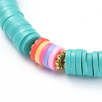 Handmade Polymer Clay Heishi Beaded Necklaces, with Flower Alloy Spacer Beads and 304 Stainless Steel Toggle Clasps
