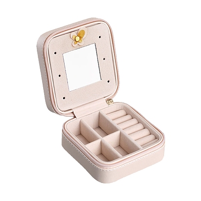 PU Leather Zipper Jewelry Box, Travel Portable Mirror Jewelry Case, for Necklaces, Rings, Earrings and Pendants, Square