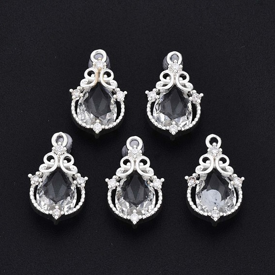 Rack Plating Brass Micro Pave Clear Cubic Zirconia Pendants, Long-Lasting Plated, Cadmium Free & Lead Free, Teardrop