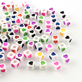 Perles européennes opaques acrylique, grandes perles de cube de trous, avec un motif de coeur