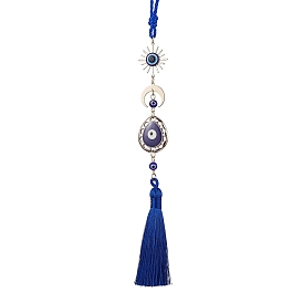 Teardrop with Evil Eye Plastic Enamel & Brass Moon/Sun Pendant Decorations, Braided Nylon Thread Tassel Hanging Ornaments