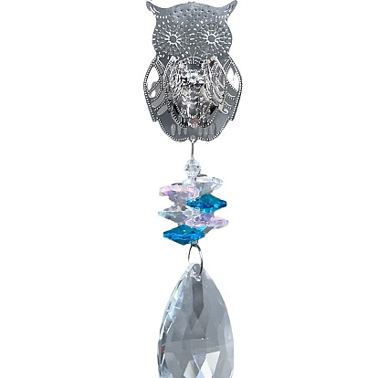 Glass Teardrop Hanging Suncatchers, Rainbow Maker, with Metal Owl Link, for Home Window Decoration