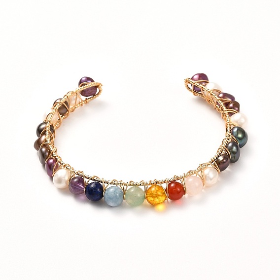 Perle de perle naturelle et perles de pierres précieuses mélangées bracelets de manchette pour femme cadeau fille, bracelet en pierre avec base en laiton