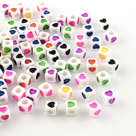 Perles européennes opaques acrylique, grandes perles de cube de trous, avec un motif de coeur