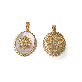 Brass Micro Pave Clear Cubic Zirconia Pendants, with  Natural Shell, Real 18K Gold Plated, Nickel Free, Oval with Flower