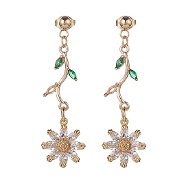 Green Cubic Zirconia Flower of Life Dangle Stud Earrings, 304 Stainless Steel Drop Earrings for Women
