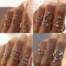 Crystal Rhinestone Cuff Rings Set, Golden Alloy Stackable Rings
