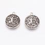 Tibetan Style Alloy Pendants, Flat Round with Constellation/Zodiac Sign, Antique Silver