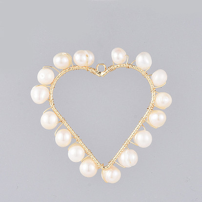 Pendentifs de perles d'eau douce de culture naturelle, pendentifs enroulés de fil, avec les accessoires en alliage, cœur