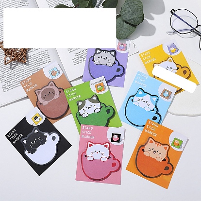 Cartoon Cup with Cat Memo Pad Sticky Notes, Sticker Tabs, for Office School Reading
