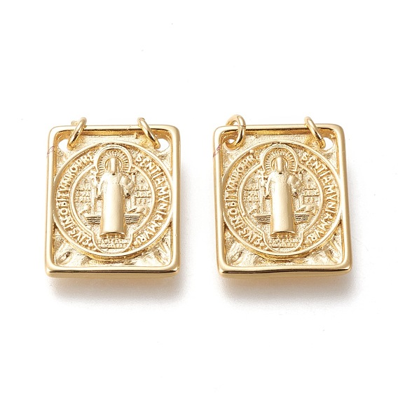 Brass Pendants, with Jump Rings, Long-Lasting Plated, Rectangle with Saint Benedict Medal/Saint Benedict